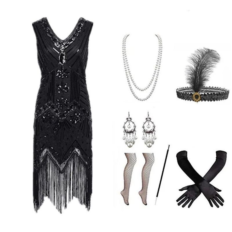 Vintage Slip Dress - Women 1920s Flapper Dress Set Retro