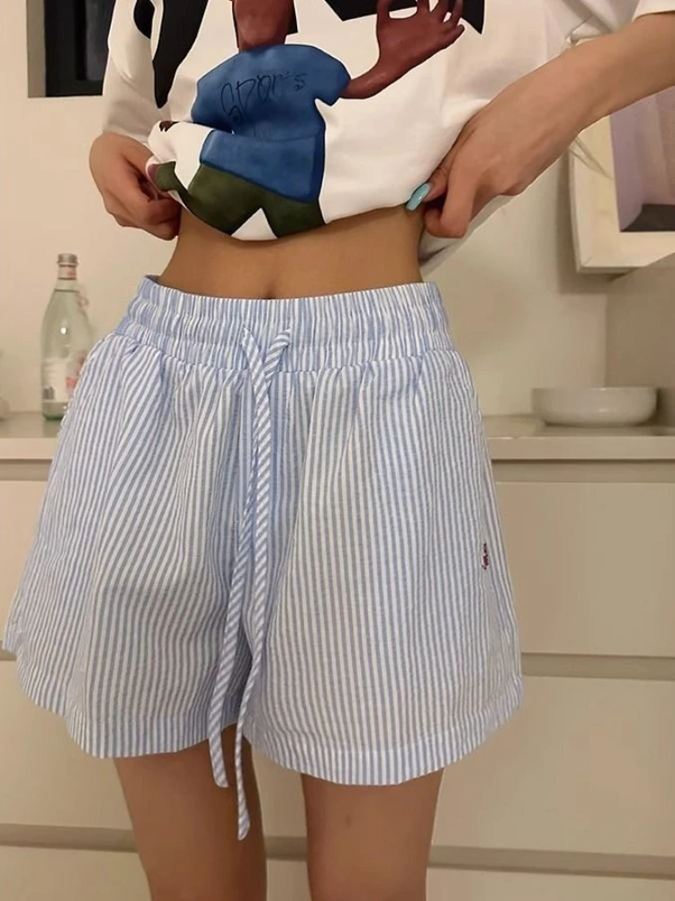Retro Vintage Korean Fashion - Y2k Striped Shorts Women Outwear Harajuku