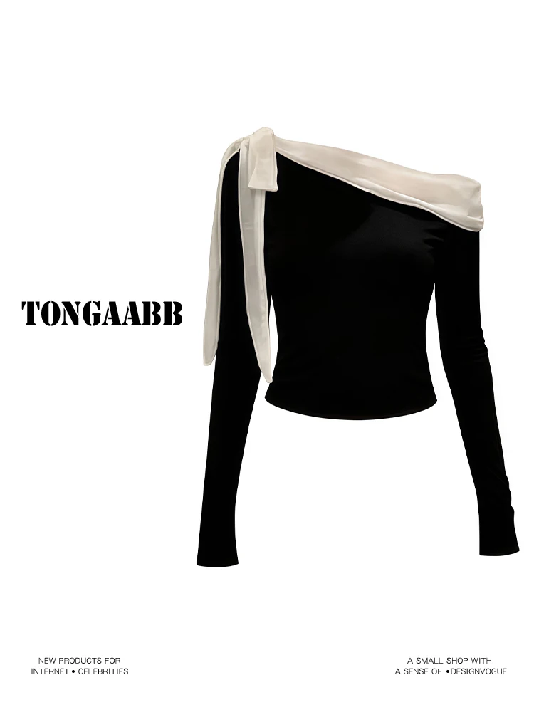 Women's Black Slash Neck T-shi - đánh giá và giá Retro Vintage Korean Fashion