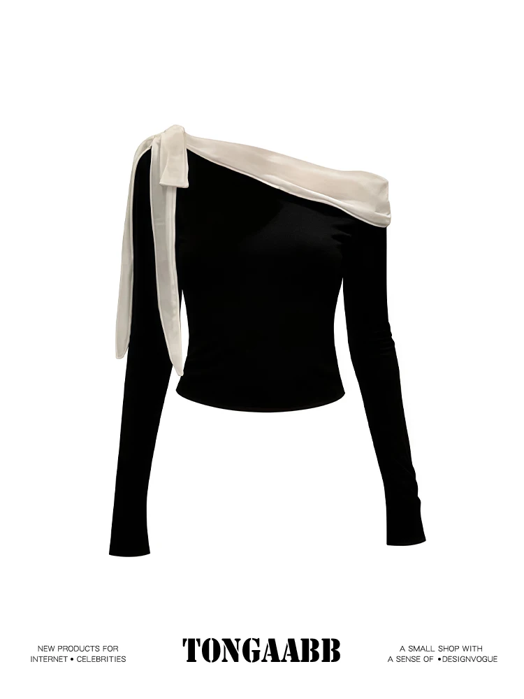 Women's Black Slash Neck T-shi - đánh giá và giá Retro Vintage Korean Fashion